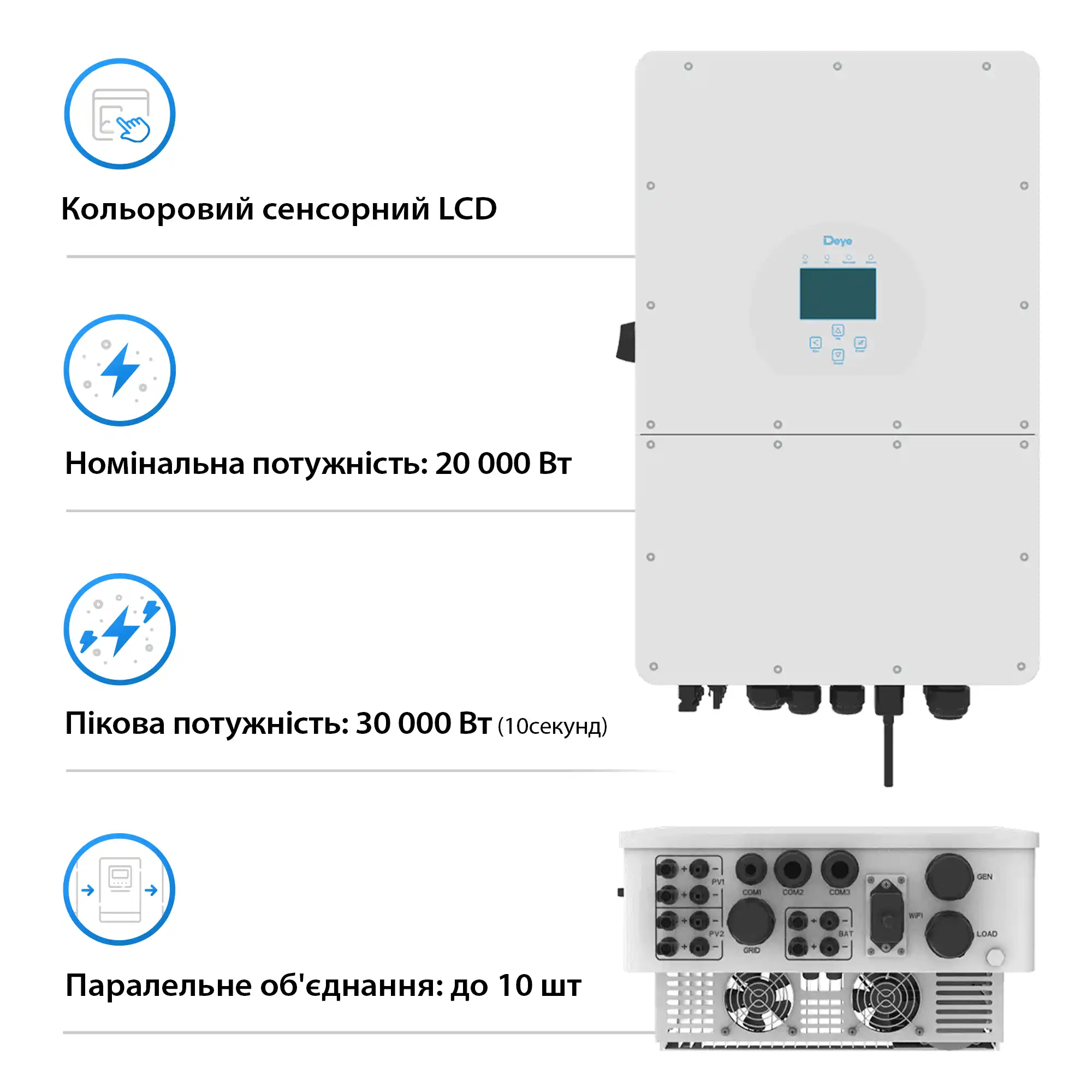 Система зберігання енергії DEYE SUN-20K-SG01HP3-EU-AM2-BOS-G4-20.48kW-LFP 20kW 20.48kWh 1BAT LiFePO4 6000 циклів - Фото 4