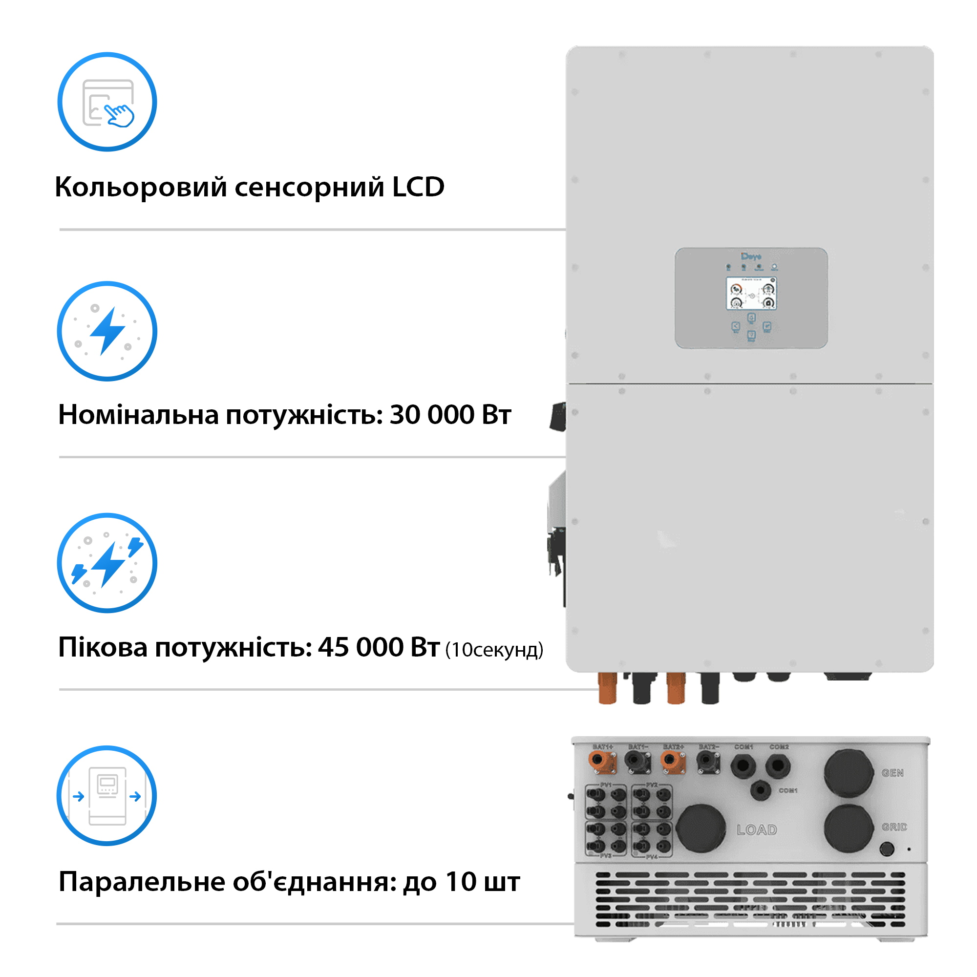 Система зберігання енергії DEYE SUN-30K-SG01HP3-EU-BM3-HV51100-7-35.84kW-LFP 30kW 35.84kWh 1BAT LiFePO4 6000 циклів - Фото 4