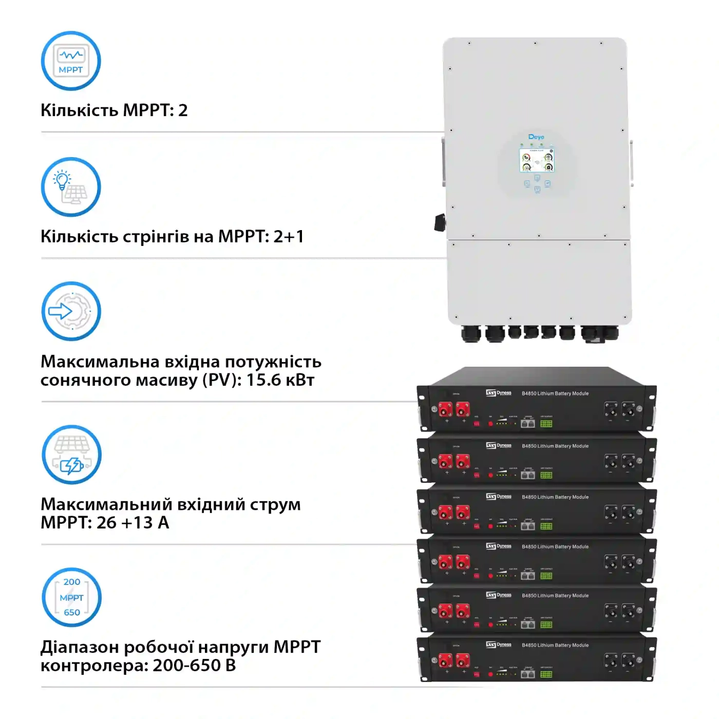 Система зберігання енергії Solarverse 12kW-DEYE 14.4kWh-Dyness 6BAT LiFePO4 6000 циклів (SVR24-3DE12K1-LDY14.4K1-0) - Фото 3