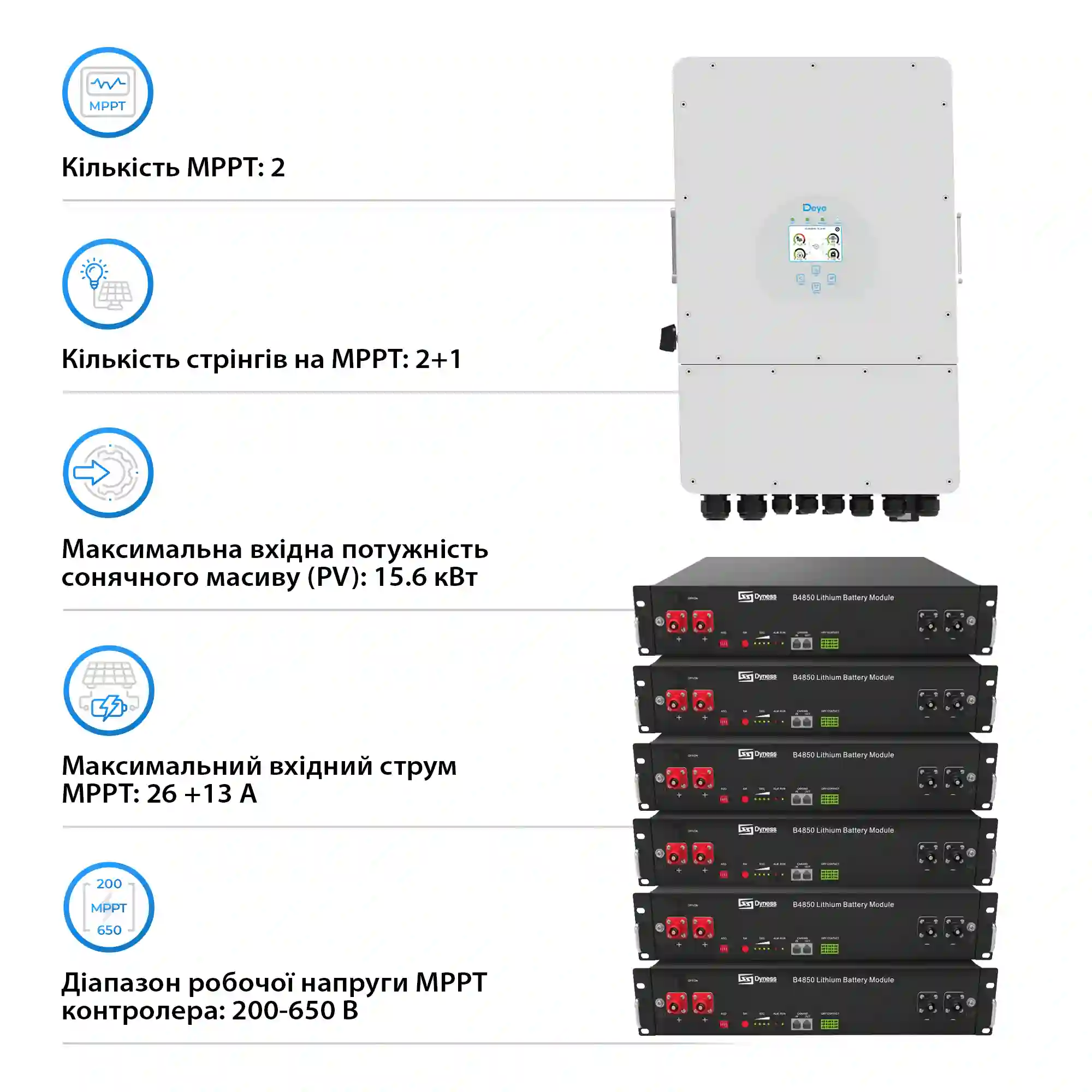 Система зберігання енергії Solarverse 12kW-DEYE 14.4kWh-Dyness 6BAT LiFePO4 6000 циклів (SVR24-3DE12K1-LDY14.4K1-0) - Фото 3