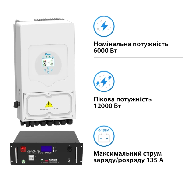 Система зберігання енергії Solarverse 6kW-Deye 5.12kWh-GSL 1BAT LiFePO4 6500 циклів (SVR24-1DE6K1-LGS5.12K1-0) - Фото 2