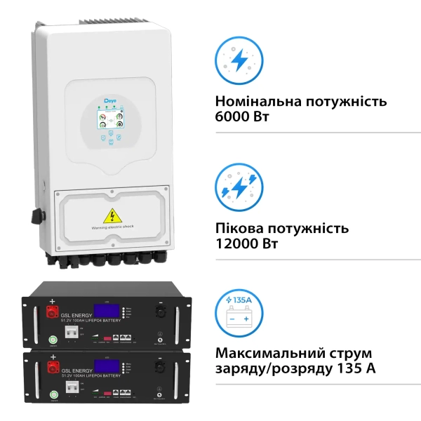 Система зберігання енергії Solarverse 6kW-Deye 10.24kWh-GSL 2BAT LiFePO4 6500 циклів (SVR24-1DE6K1-LGS10.24K1-0) - Фото 2