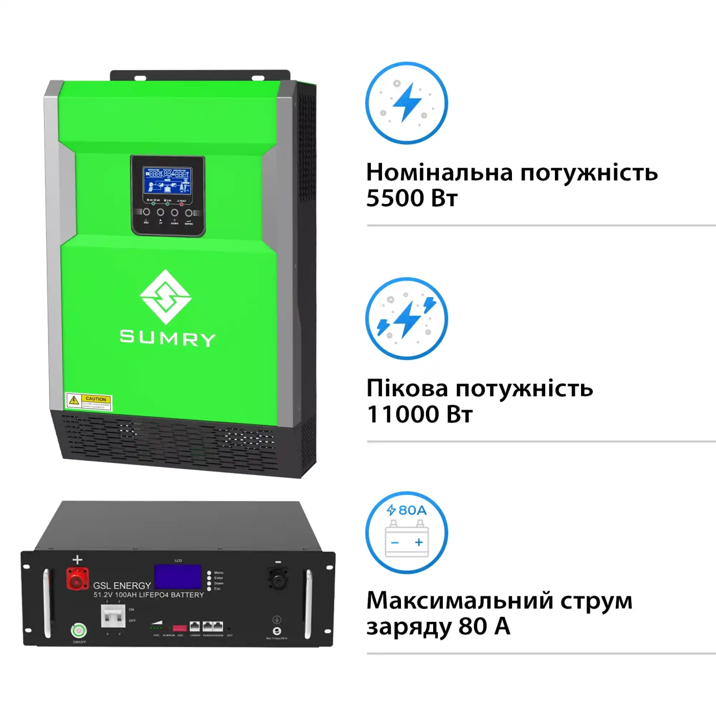 Система зберігання енергії Solarverse 5.5kW-Sumry 5.12kWh-GSL 1BAT LiFePO4 6500 циклів (SVR16-1SU5.5K2-LGS5.12K1-0) - Фото 2