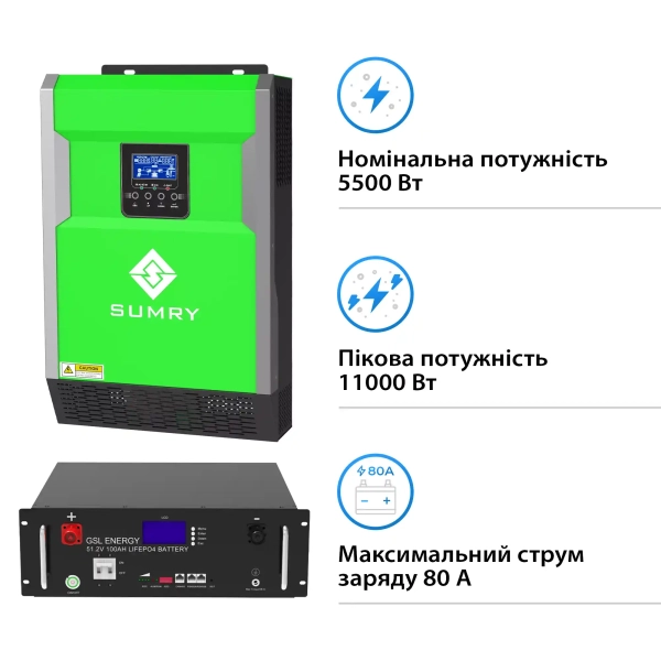 Система зберігання енергії Solarverse 5.5kW-Sumry 5.12kWh-GSL 1BAT LiFePO4 6500 циклів (SVR16-1SU5.5K2-LGS5.12K1-0) - Фото 2