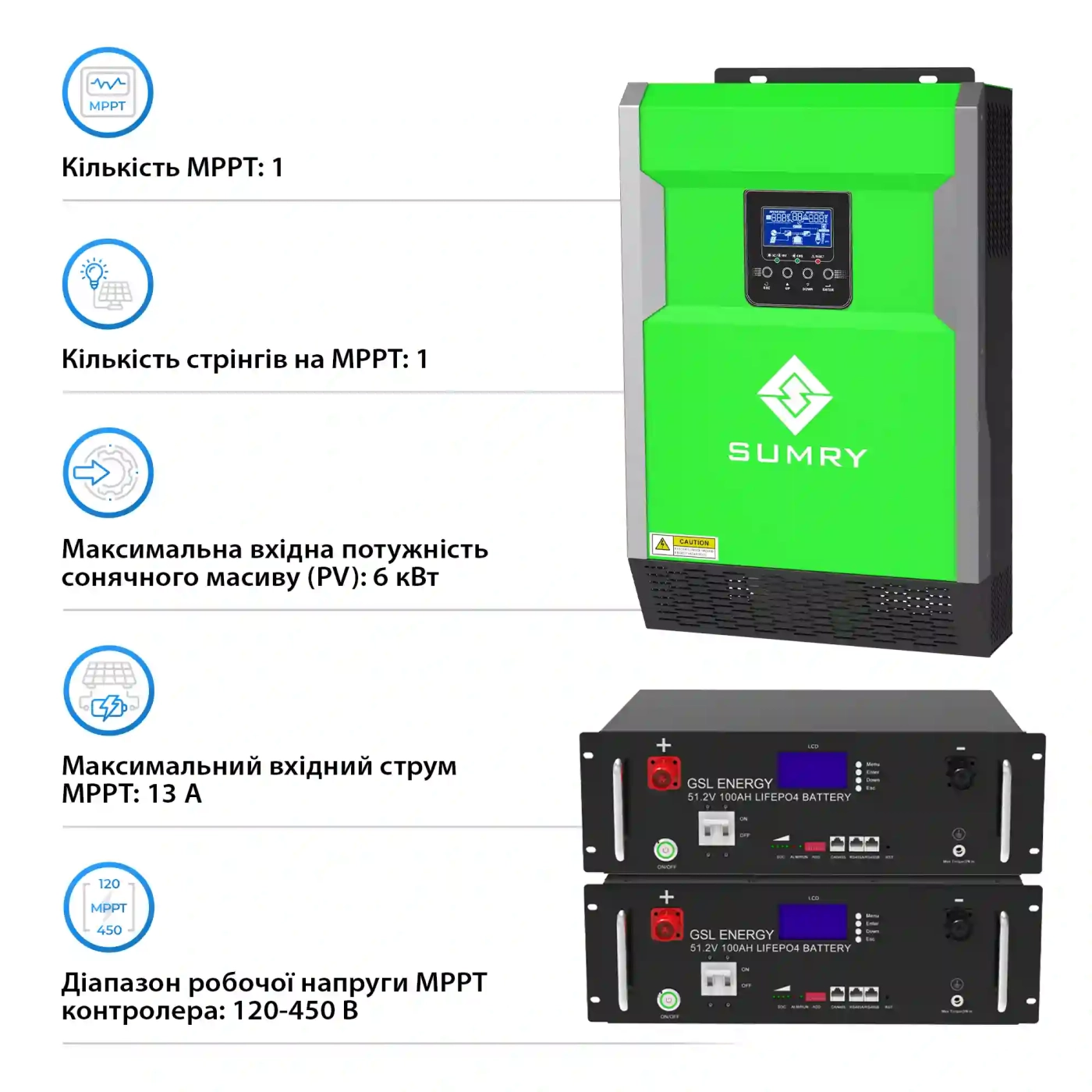 Система зберігання енергії Solarverse 5.5kW-Sumry 10.24kWh-GSL 2BAT LiFePO4 6500 циклів (SVR16-1SU5.5K2-LGS10.24K1-0) - Фото 3