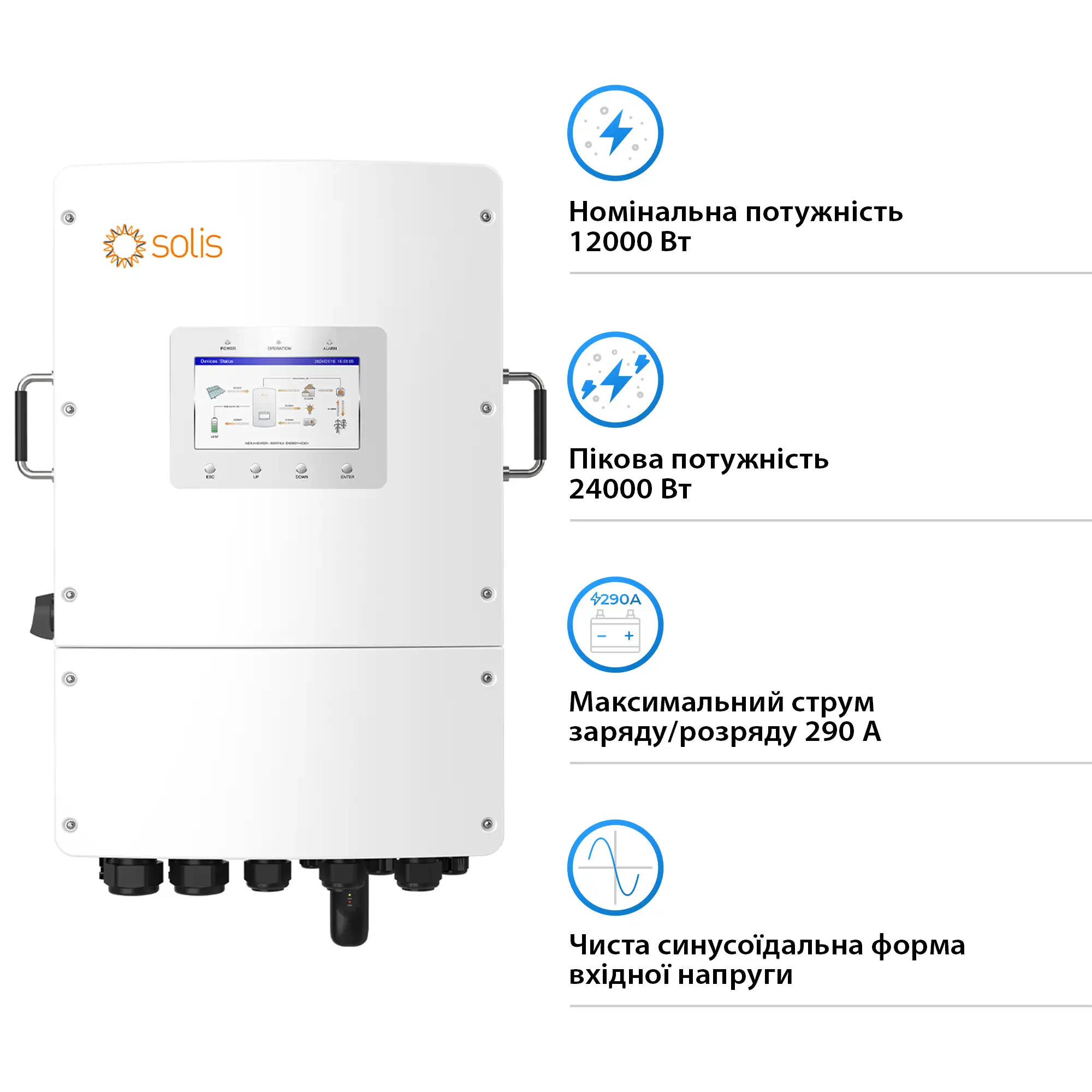 Гібридний інвертор Solis S6-EH3P12K02-NV-YD-L 12KW 48V 2 MPPT Wi-Fi 220/380V Трифазний - Фото 2