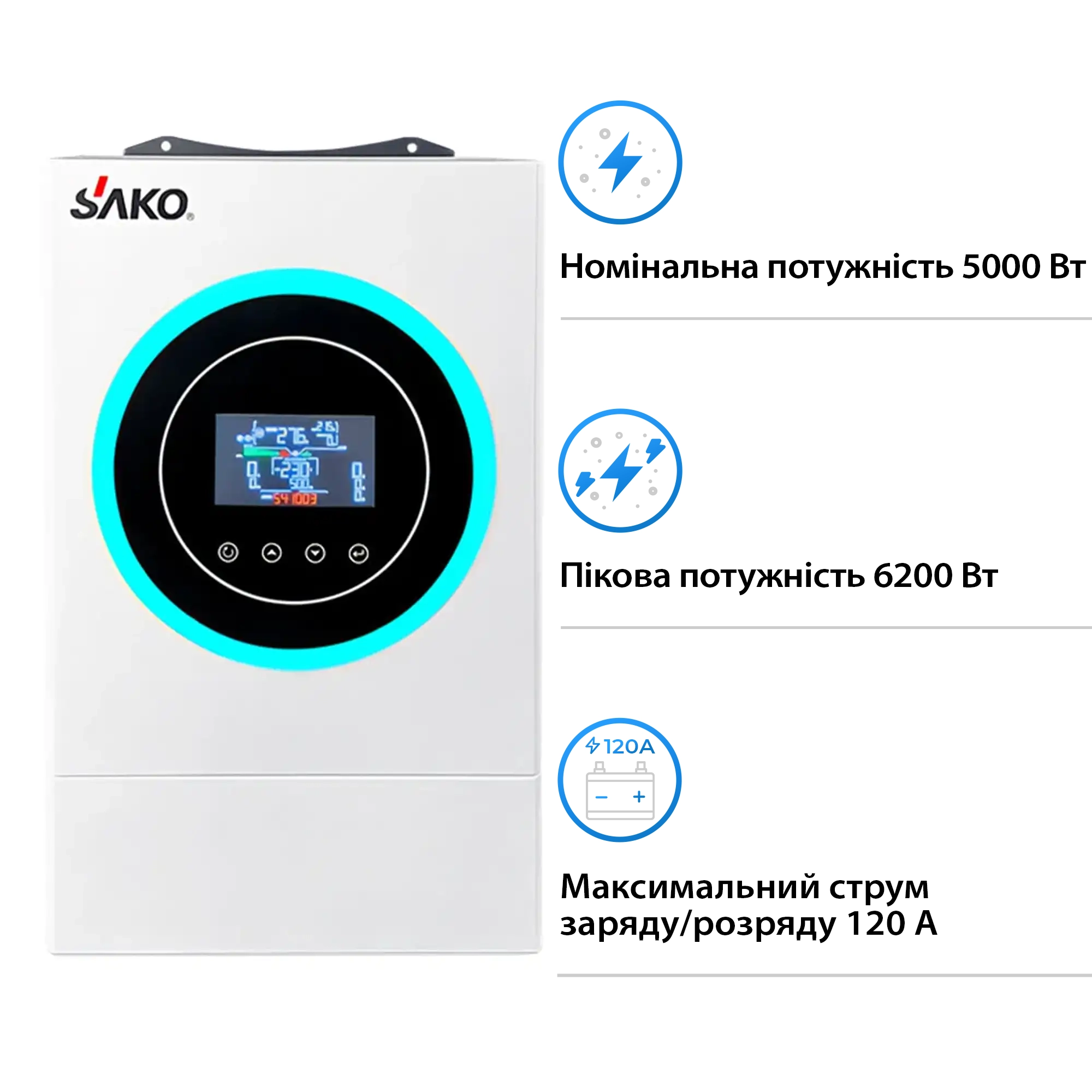 Автономний інвертор SAKO SUNON V 6.2kW 48V 1 MPPT Wi-Fi 220V Однофазний (SUNON V 6.2kW) - Фото 4