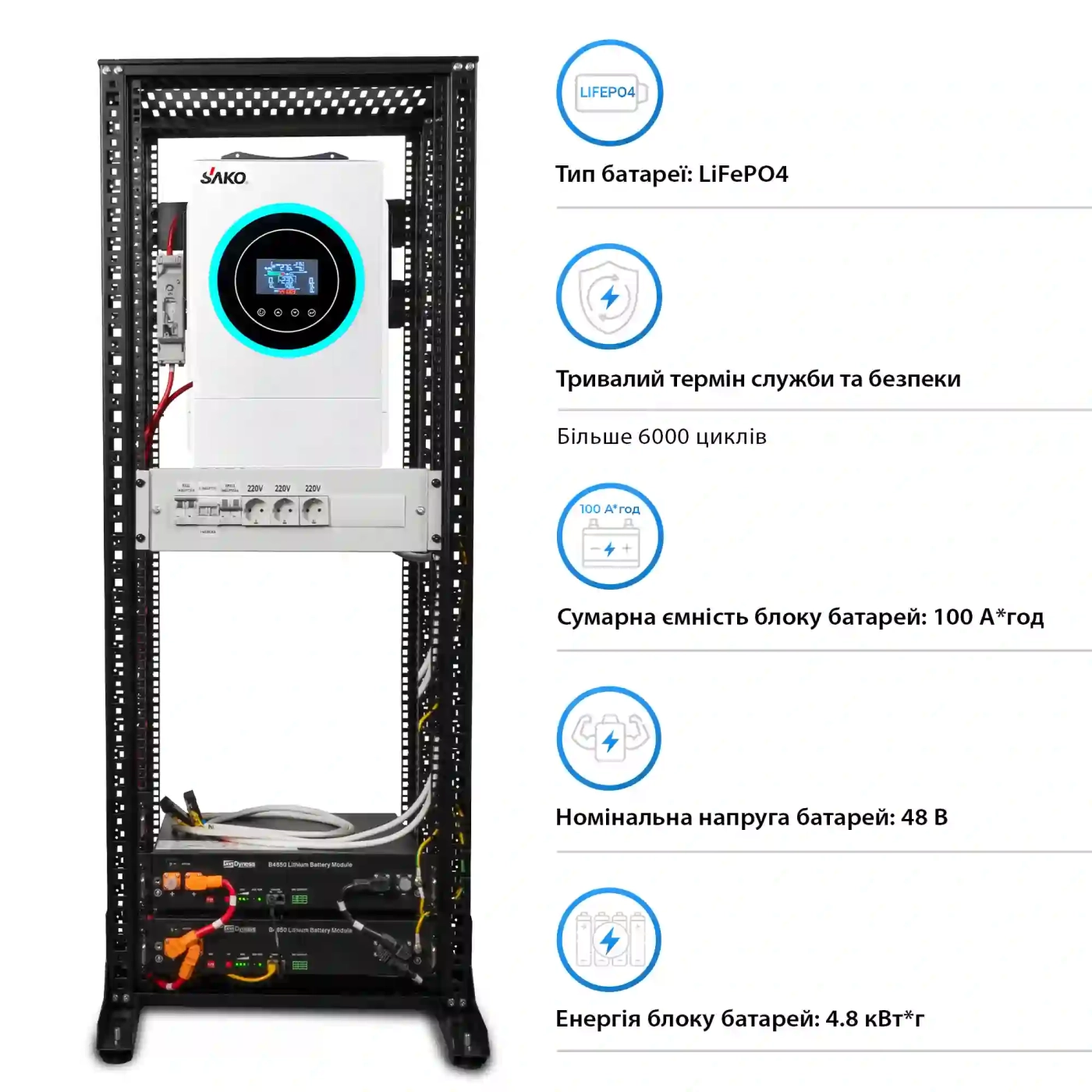 Система хранения энергии Solarverse SRV24-1SN6.2K1-LDY4.8K1-1 6.2kW 4.8kWh 2BAT LiFePO4 6000 циклов - Фото 4