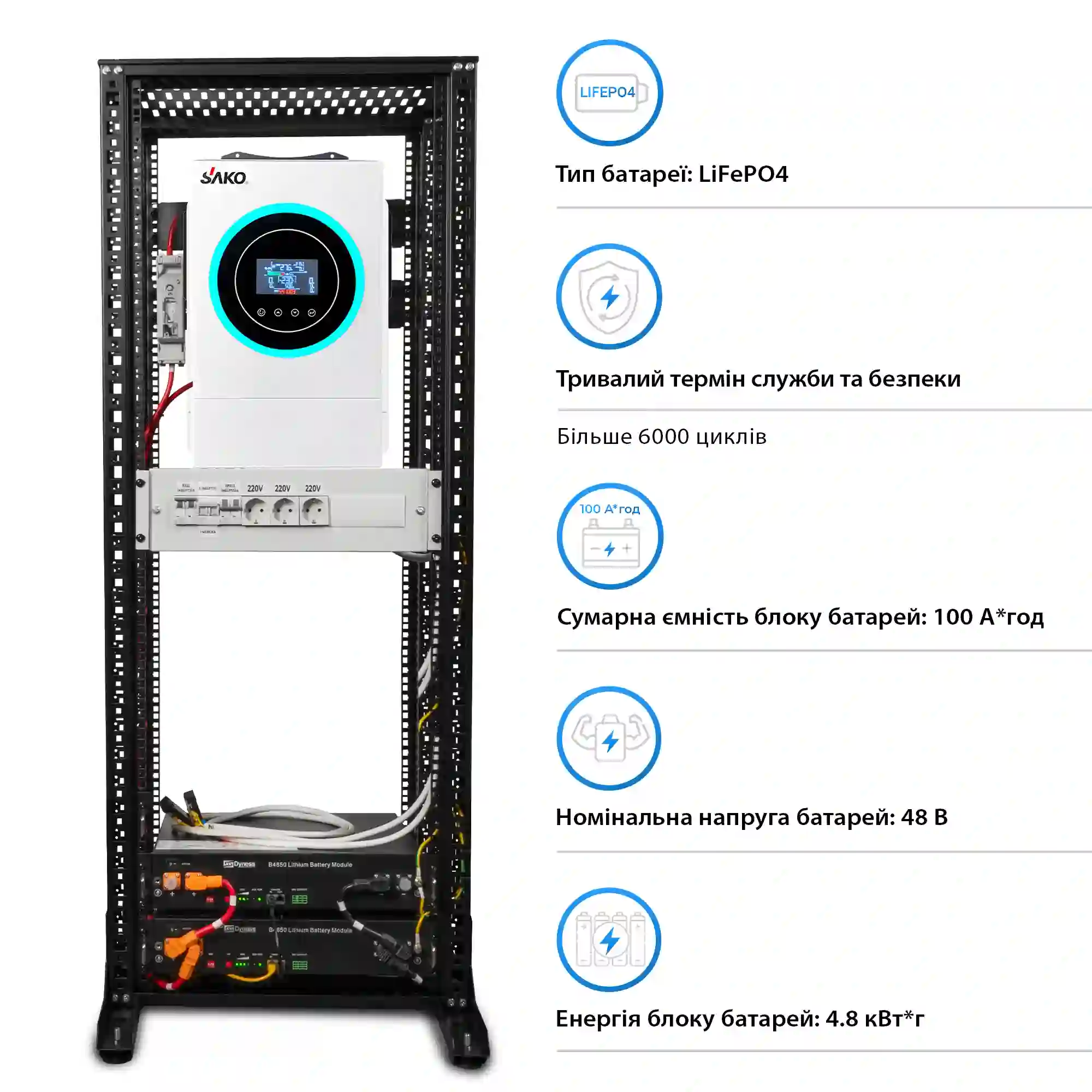 Система хранения энергии Solarverse SRV24-1SN6.2K1-LDY4.8K1-1 6.2kW 4.8kWh 2BAT LiFePO4 6000 циклов - Фото 4