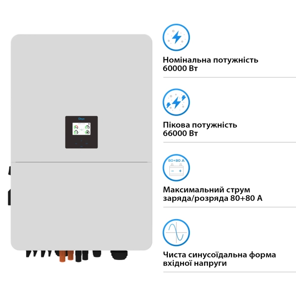 Гібридний інвертор Deye SUN-60K-SG02HP3-EU-EM6 60kW HV-battery 6 MPPT Wi-Fi 220/380V Трифазний - Фото 2