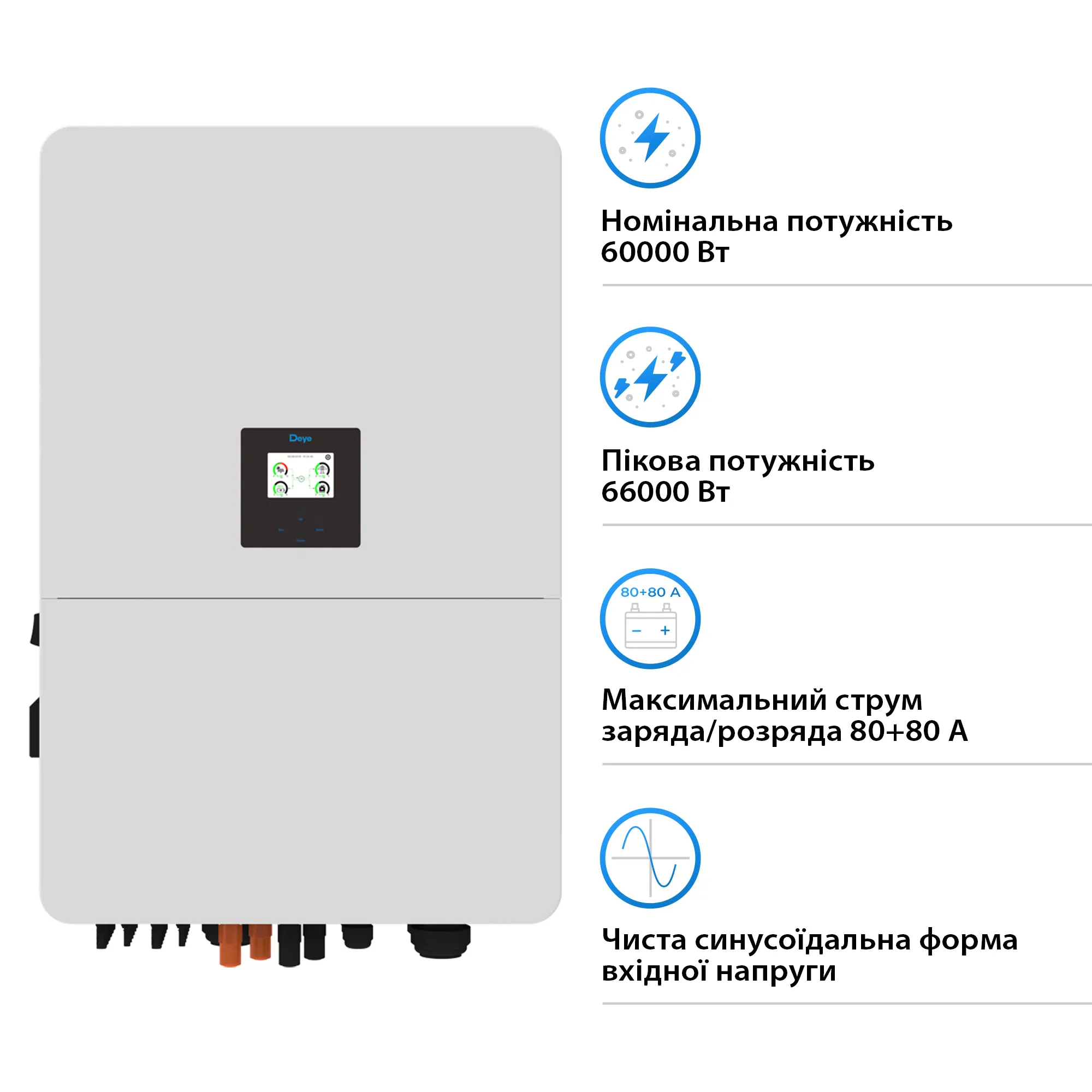 Гібридний інвертор Deye SUN-60K-SG02HP3-EU-EM6 60kW HV-battery 6 MPPT Wi-Fi 220/380V Трифазний - Фото 2