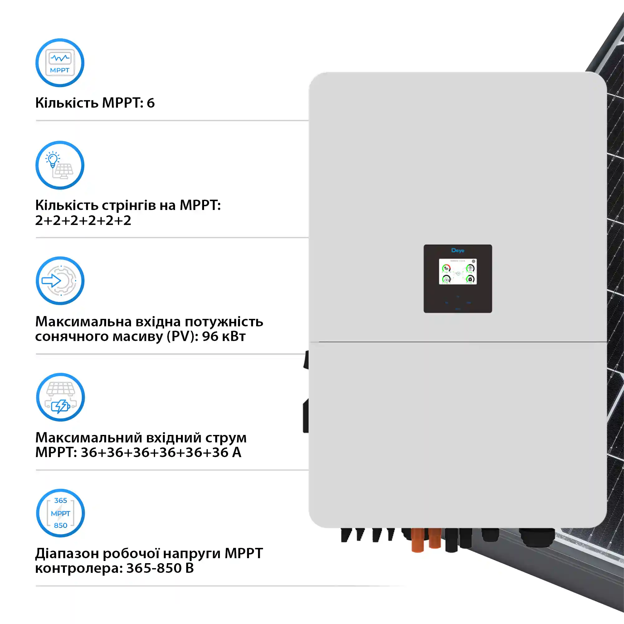 Гібридний інвертор Deye SUN-60K-SG02HP3-EU-EM6 60kW HV-battery 6 MPPT Wi-Fi 220/380V Трифазний - Фото 4