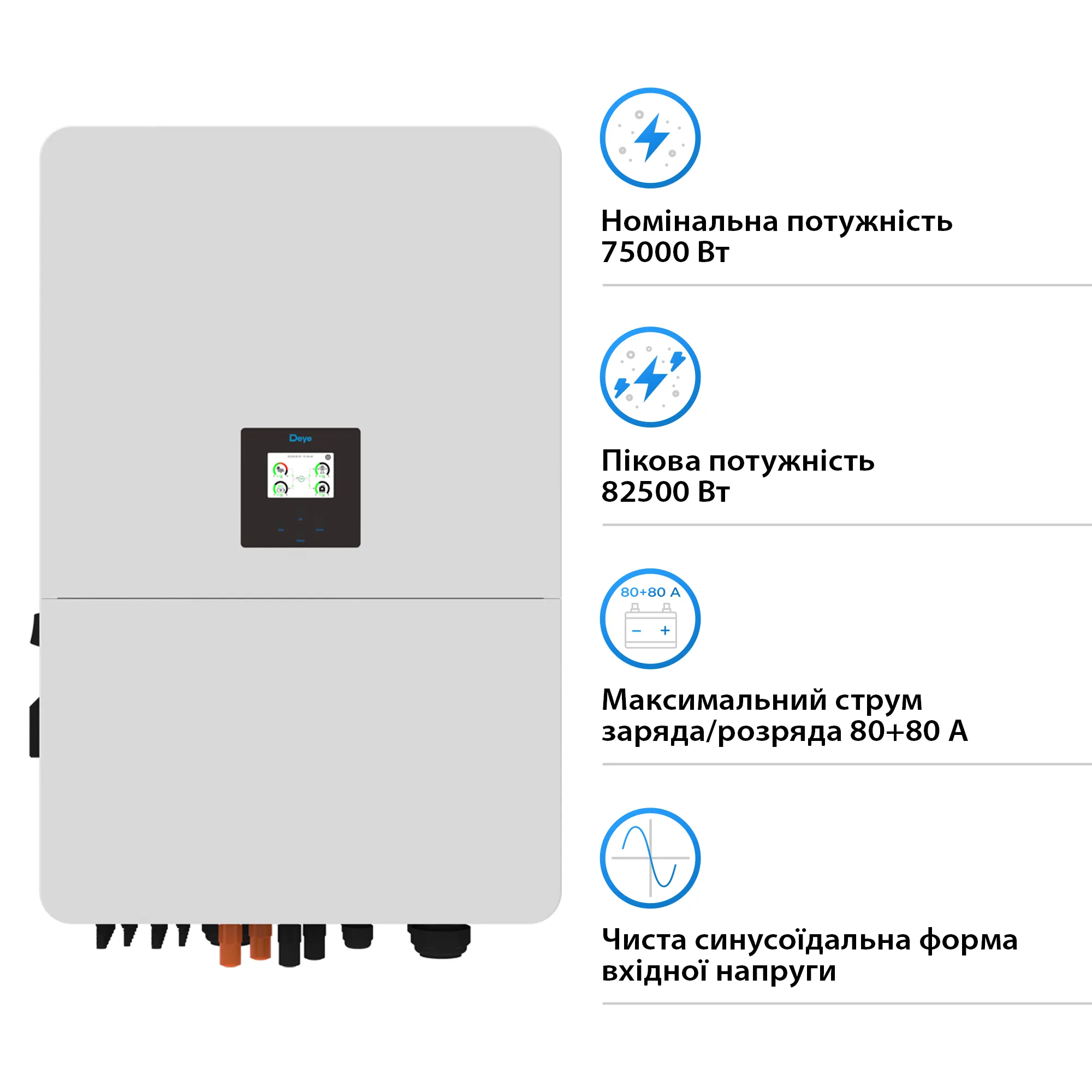 Гібридний інвертор Deye SUN-75K-SG02HP3-EU-EM6 75kW HV-battery 6 MPPT Wi-Fi 220/380V Трифазний - Фото 2