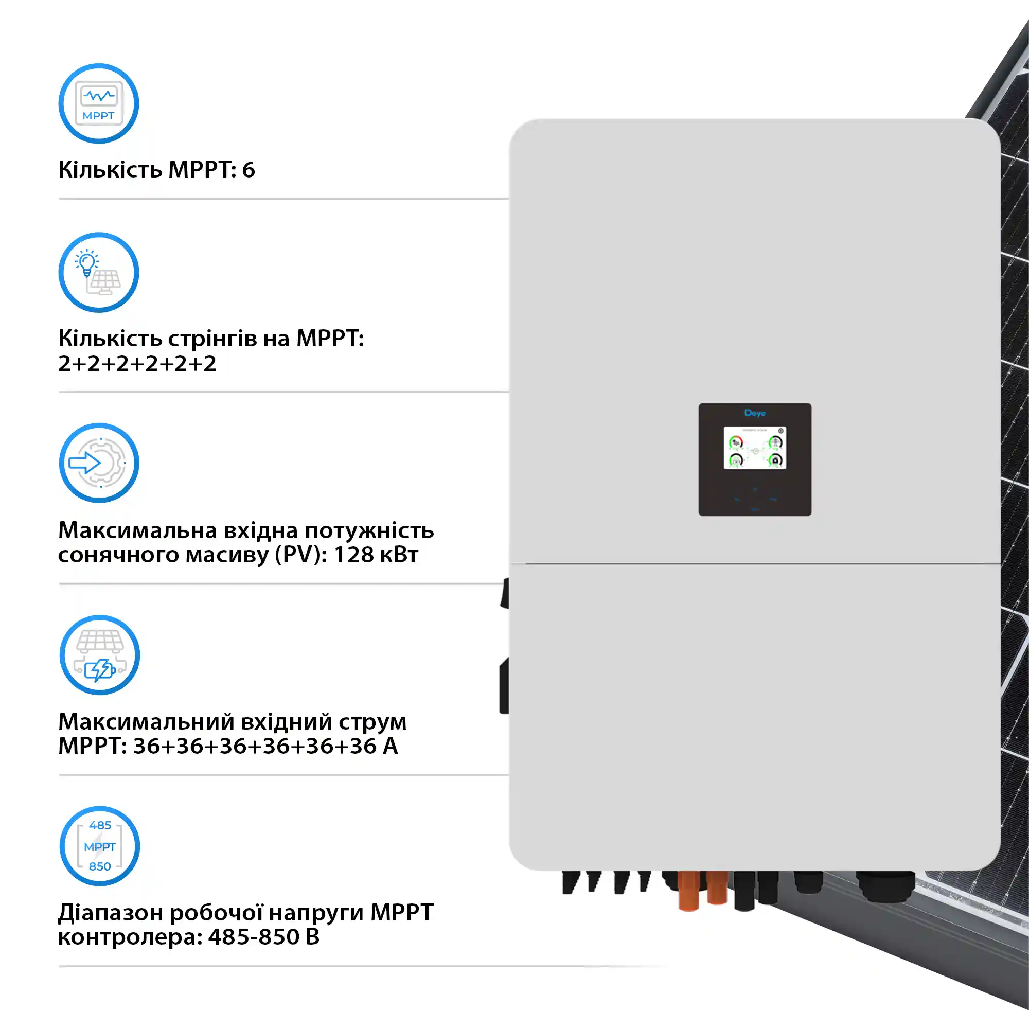 Гібридний інвертор Deye SUN-80K-SG02HP3-EU-EM6 80kW HV-battery 6 MPPT Wi-Fi 220/380V Трифазний - Фото 4