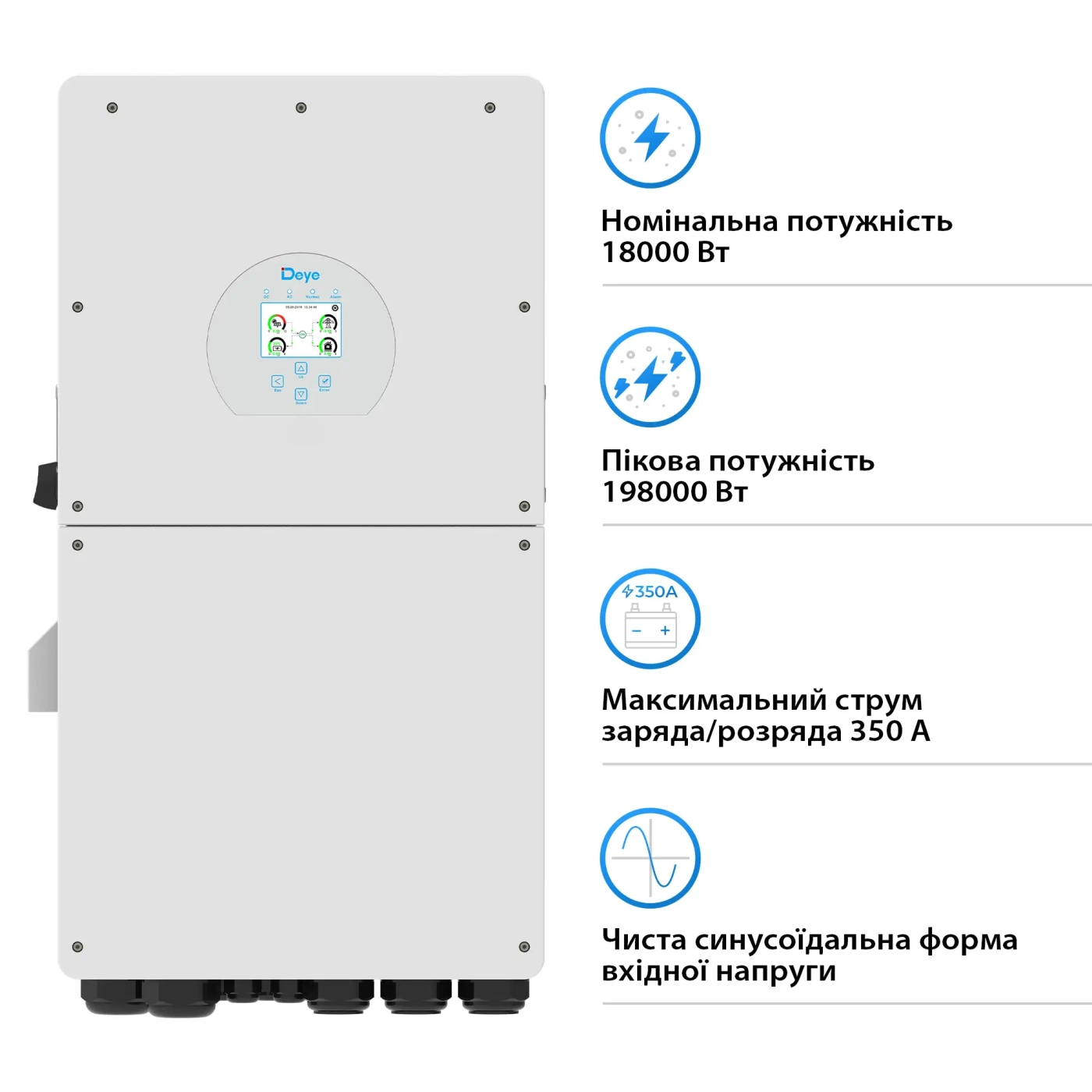 Гібридний інвертор Deye SUN-18K-SG01LP1-EU-AM3-P 18kW 48V 3 MPPT Wi-Fi 220V Однофазний - Фото 2