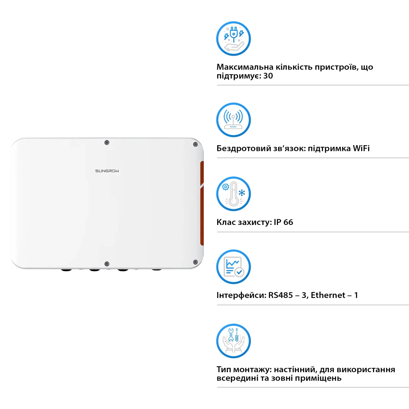 Модуль коммунікаційний SUNGROW COM100D-EU Logger up to 30 devices RS485, Ethernet, 4G, WLAN (ASQ00183) - Фото 2