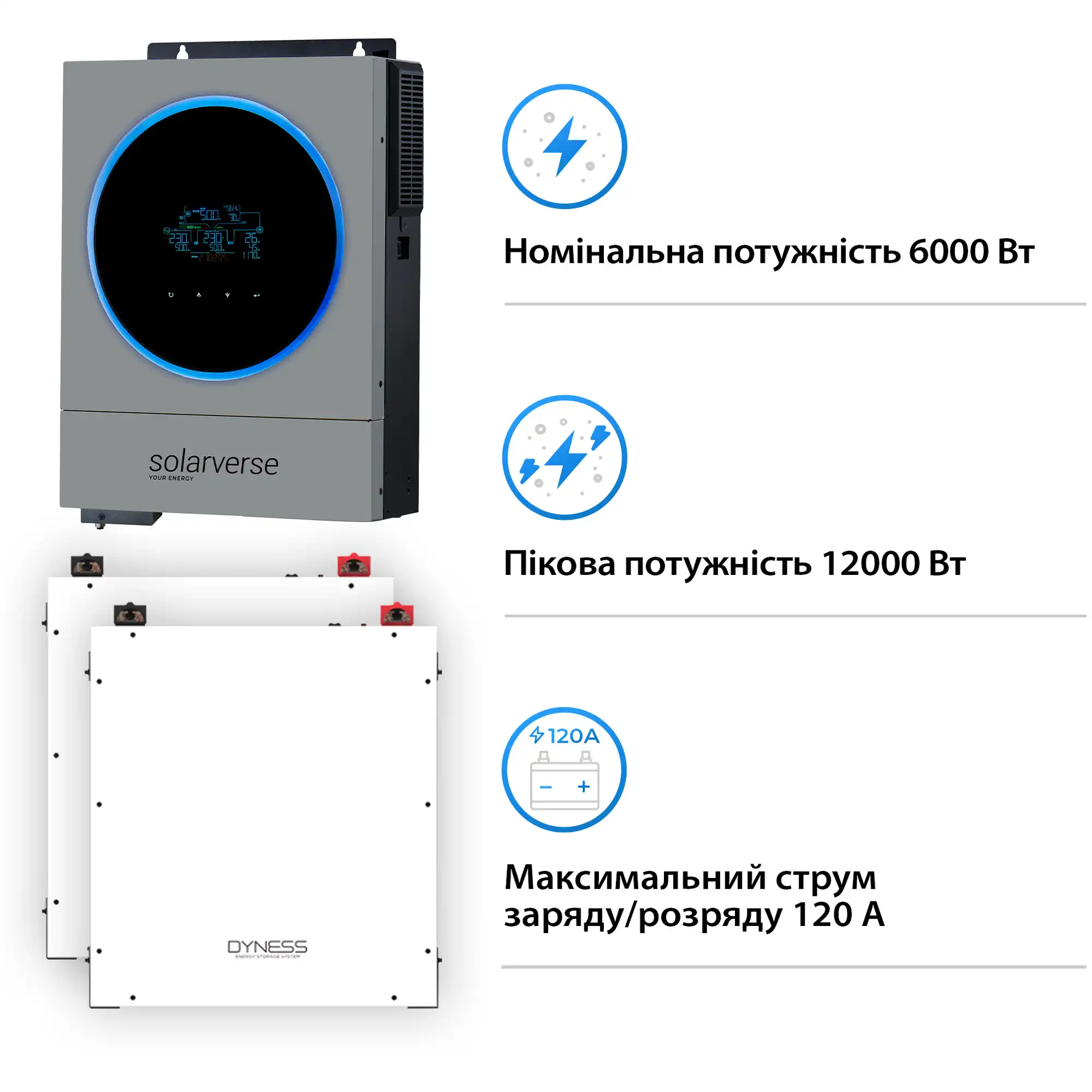 Система зберігання енергії Solarverse SV-1SV6K1-LDY10.2K1-1 6kW 10.24kWh 2BAT LiFePO4 6000 циклів - Фото 3