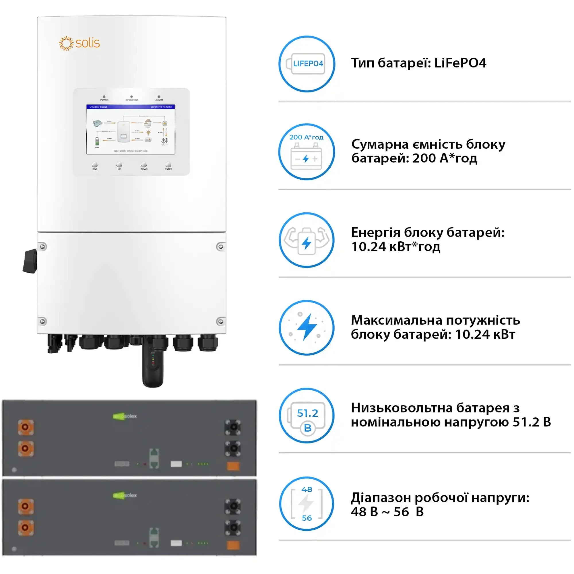 Купити Система зберігання енергії Solis SV-1SL6K1-LES10.2K1 6kW 10.2kWh 2BAT LiFePO4 6000 циклів (SV-1SL6K1-LES10.2K1) - фото 2