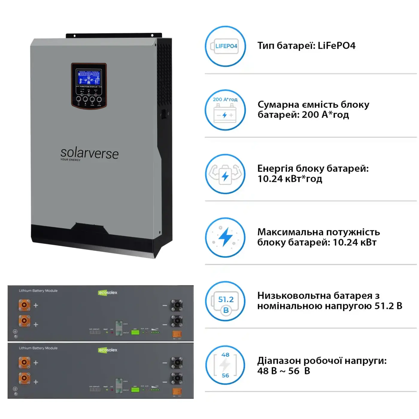 Купить Система хранения энергии Solarverse SV-1SV5K2-LEC10K1-1 5kW 10.2kWh 2BAT LiFePO4 ≥6000 циклов - фото 5