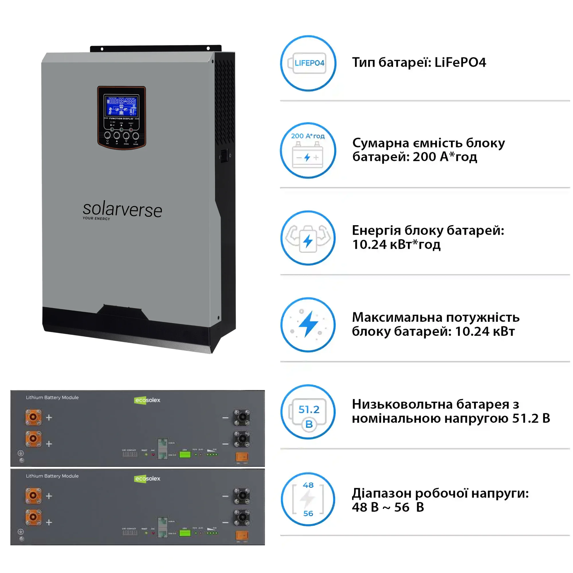 Купить Система хранения энергии Solarverse SV-1SV5K2-LEC10K1-1 5kW 10.2kWh 2BAT LiFePO4 ≥6000 циклов - фото 5