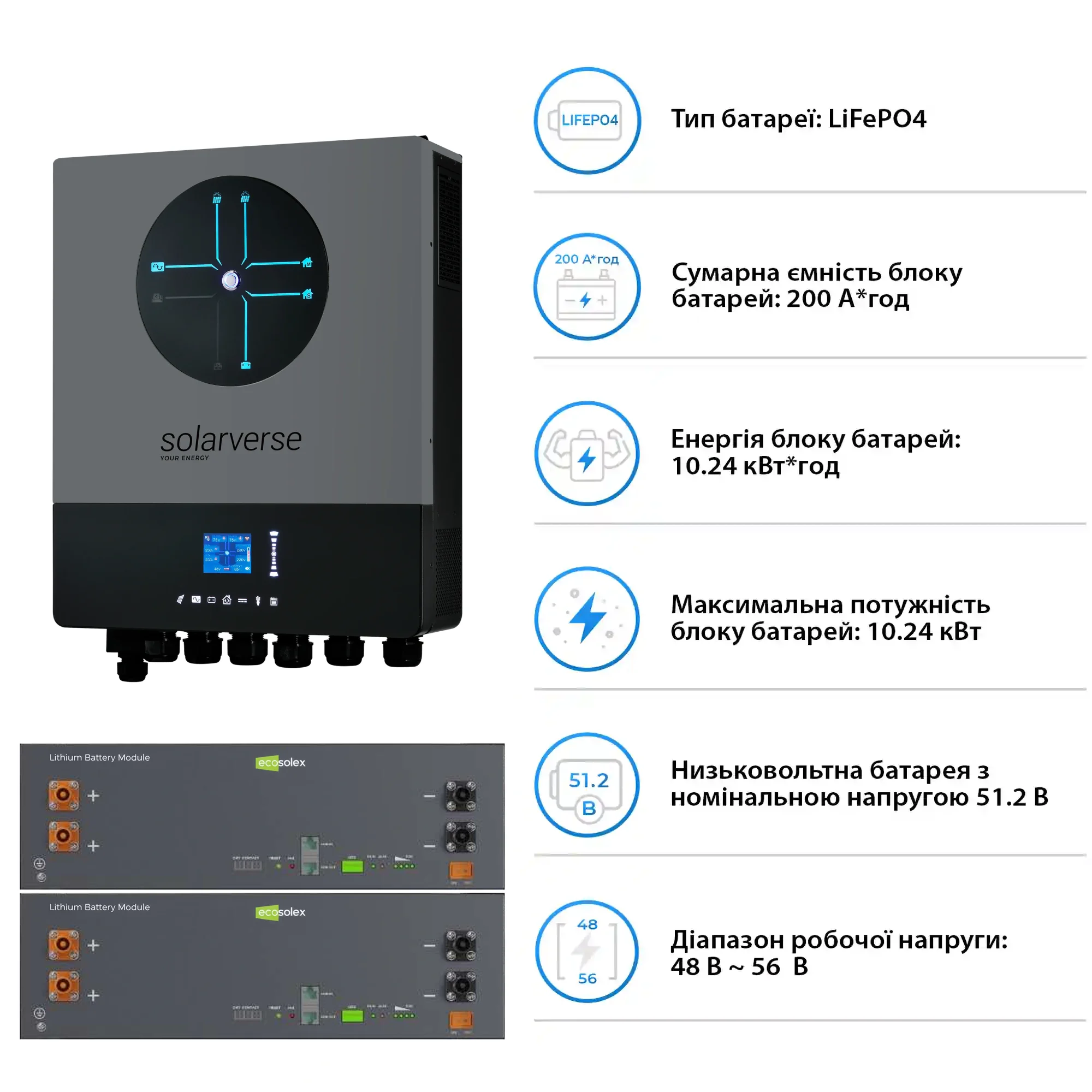Купить Система хранения энергии Solarverse SV-1SV8K1-LEC10K1-1 8kW 10.2kWh 2BAT LiFePO4 ≥6000 циклов - фото 5